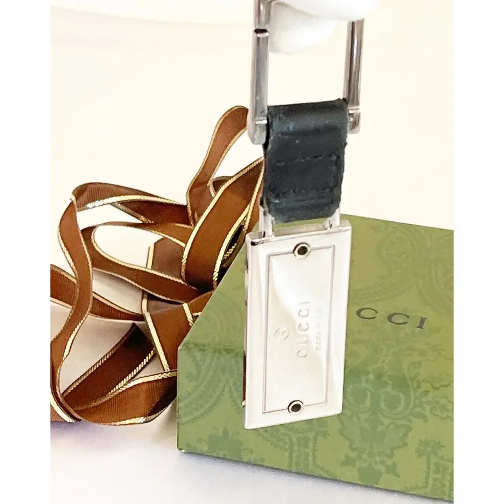 GUCCI Leather Metal Key Chain Key Charm Key Tab Black Silver Minimalist Stamped